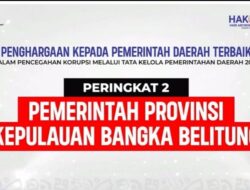 Pemprov Babel Raih Peringkat 2 Nasional Penghargaan Pencegahan Korupsi
